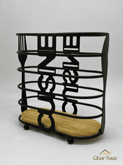 Black Metal Kitchen Utensil Holder with Wooden Base