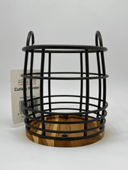 Homeatic Black Metal Cutlery Holder with Wooden Bas
