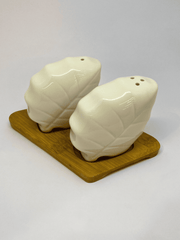 White Ceramic Leaf-Shaped Salt & Pepper Set with Bamboo Base