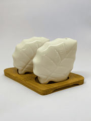 White Ceramic Leaf-Shaped Salt & Pepper Set with Bamboo Base