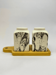 White Ceramic Marble-Effect Salt & Pepper Set with Bamboo Base