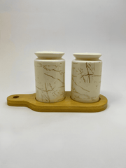 White Ceramic Marble Effect Salt & Pepper set with Bamboo Base