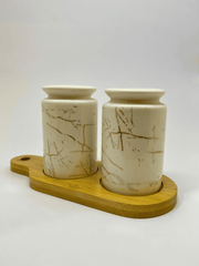 White Ceramic Marble Effect Salt & Pepper set with Bamboo Base
