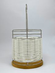 White Woven Multi-Purpose Holder with Wooden Base