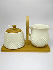White Ceramic Milk Sugar Pot Set with Bamboo Tray